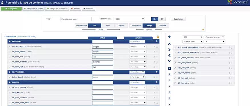 Interface Seblod pour la gestion des formulaires en back office Joomla!